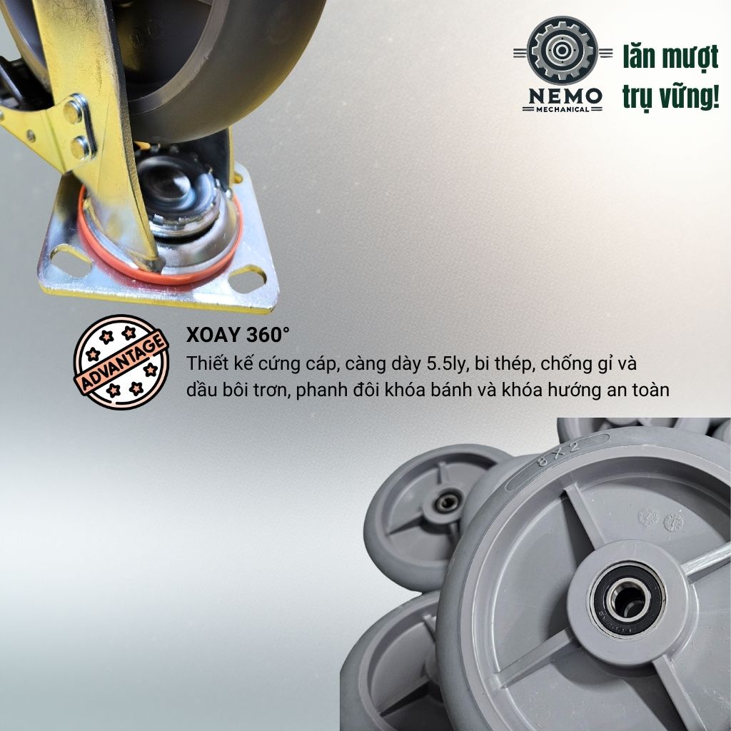 Bánh Xe TPR Bo Tròn Tải Nặng D150 – Siêu Linh Hoạt, Chống Rung & Bảo Về Sàn (Càng 5.5mm)